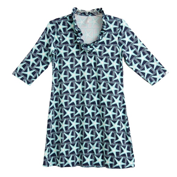LULU B Size M Blue Starfish Print Ruffle Collar Long 3/4 Sleeve UPF 50 Active - Picture 1 of 4